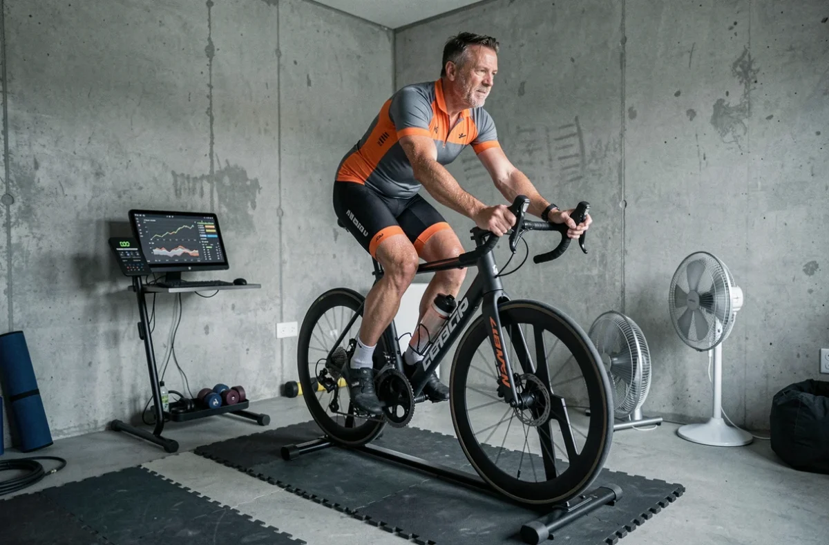 Cycliste sur home trainer effectuant des intervalles d'entraînement de vitesse à domicile
