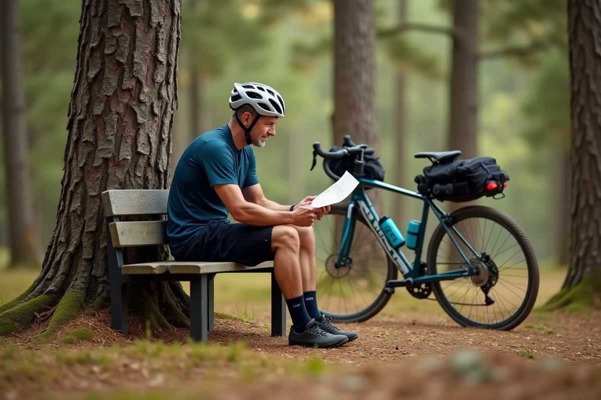 Cycliste au repos dans la forêt landaise près de Montalivet consultant une carte de randonnée à vélo
