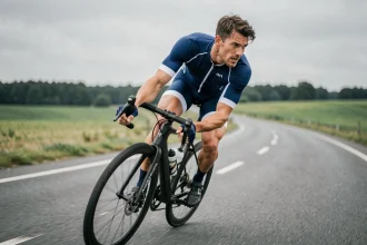 Cycliste en position de sprint sur route rurale lors d'un entraînement de vitesse en vélo