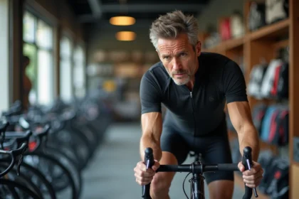 Cycliste homme examinant son vélo en atelier moderne