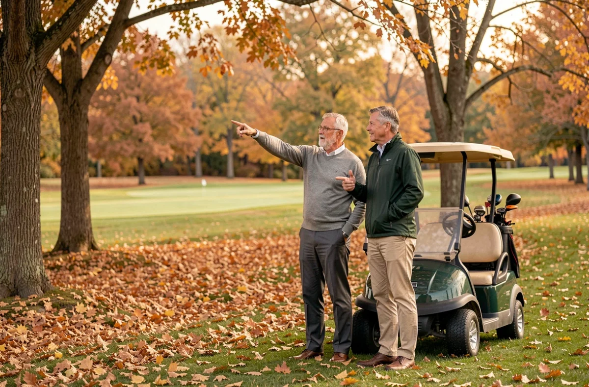 Deux golfeurs discutant de leur stratégie de parcours près d'un buggy en automne sur un golf arboré