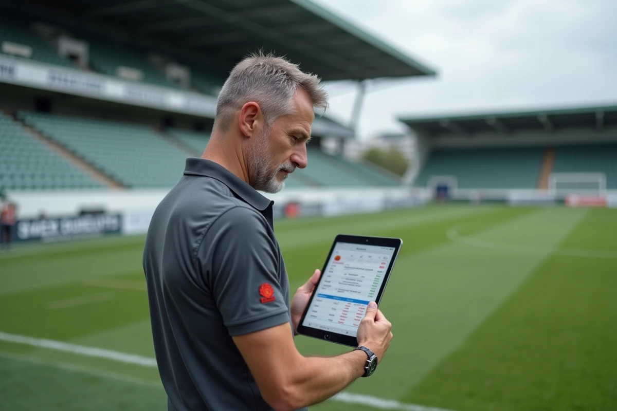 Directeur sportif d'un club de National 2 consultant les données financières liées aux sponsors et droits TV sur une tablette en bord de terrain