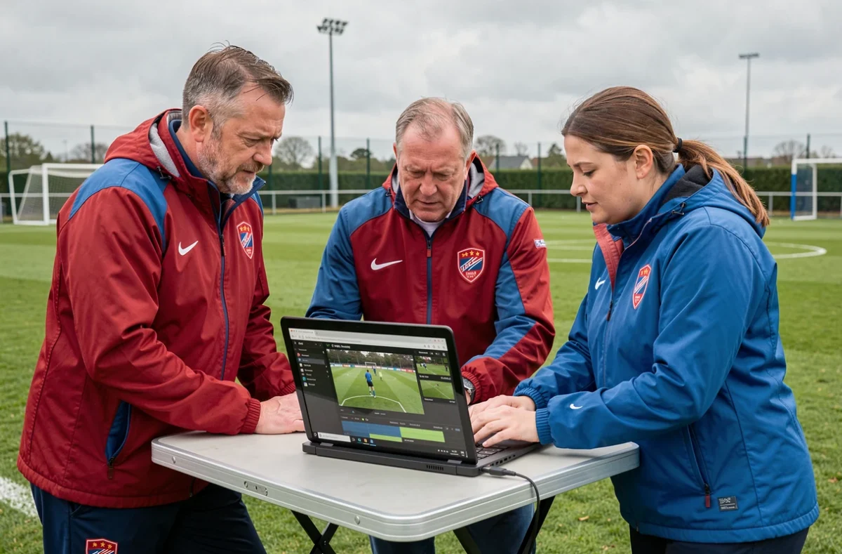 Équipe dirigeante d'un club de football analysant les données de performance en ligne sur un ordinateur portable au bord du terrain