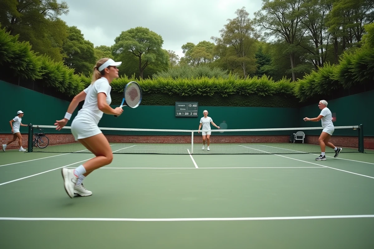 Match de double mixte en club de tennis sur court dur avec score par sets visible au tableau