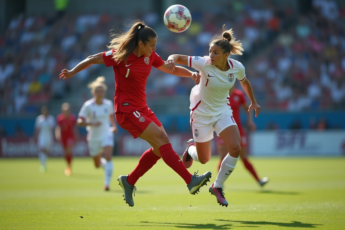 Deux joueuses de soccer féminin en duel aérien pour un coup de tête sur un terrain de stade professionnel, évoquant l'intensité compétitive du soccer féminin inspiré par des pionnières comme Mia Hamm