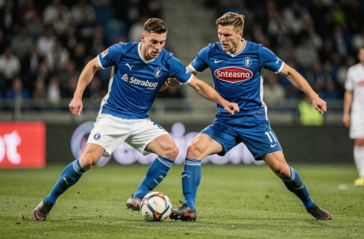 Duel entre deux joueurs de Strasbourg lors d'un match décisif du classement 2026 en Ligue 1