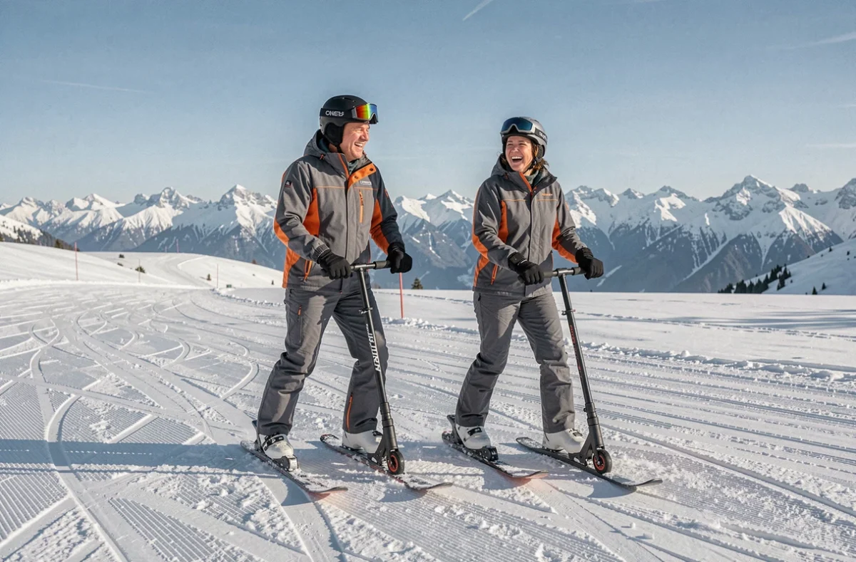 Deux adultes riant en faisant de la patinette ski ensemble sur une piste débutante en montagne