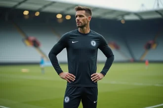 Joueur de football professionnel en tenue d'entraînement sur un terrain de football avec un stade vide en arrière-plan, illustrant les choix de carrière d'Eden Hazard