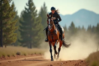 Cavalière d'endurance à cheval arabe en pleine course en forêt