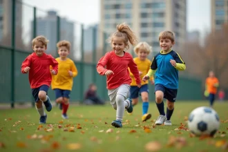 Groupe d'enfants jouant au football dans un parc urbain