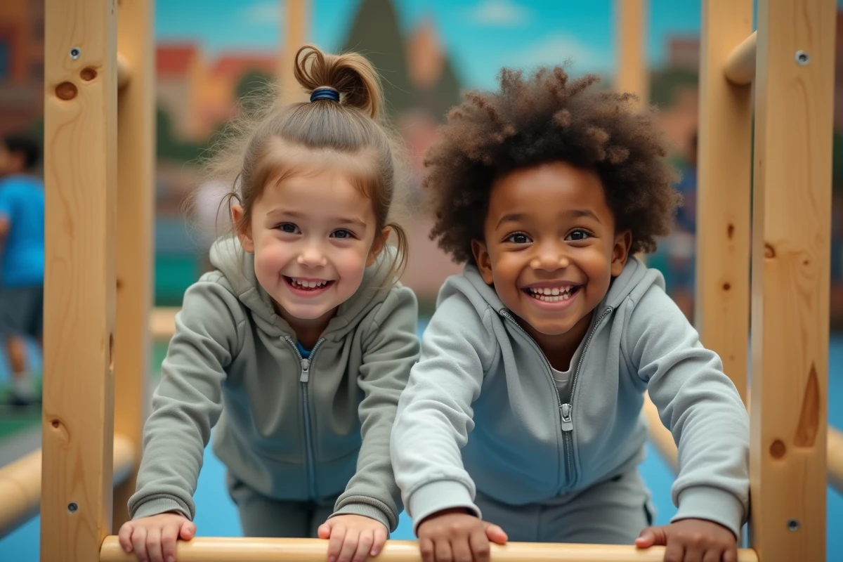 Enfants grimpeurs dans une salle de sport intérieure