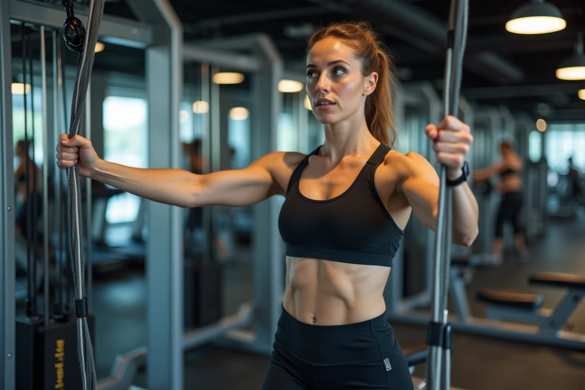 Femme s'entraînant sur une machine à câbles dans une salle Basic-Fit pendant un mois d'essai sans engagement