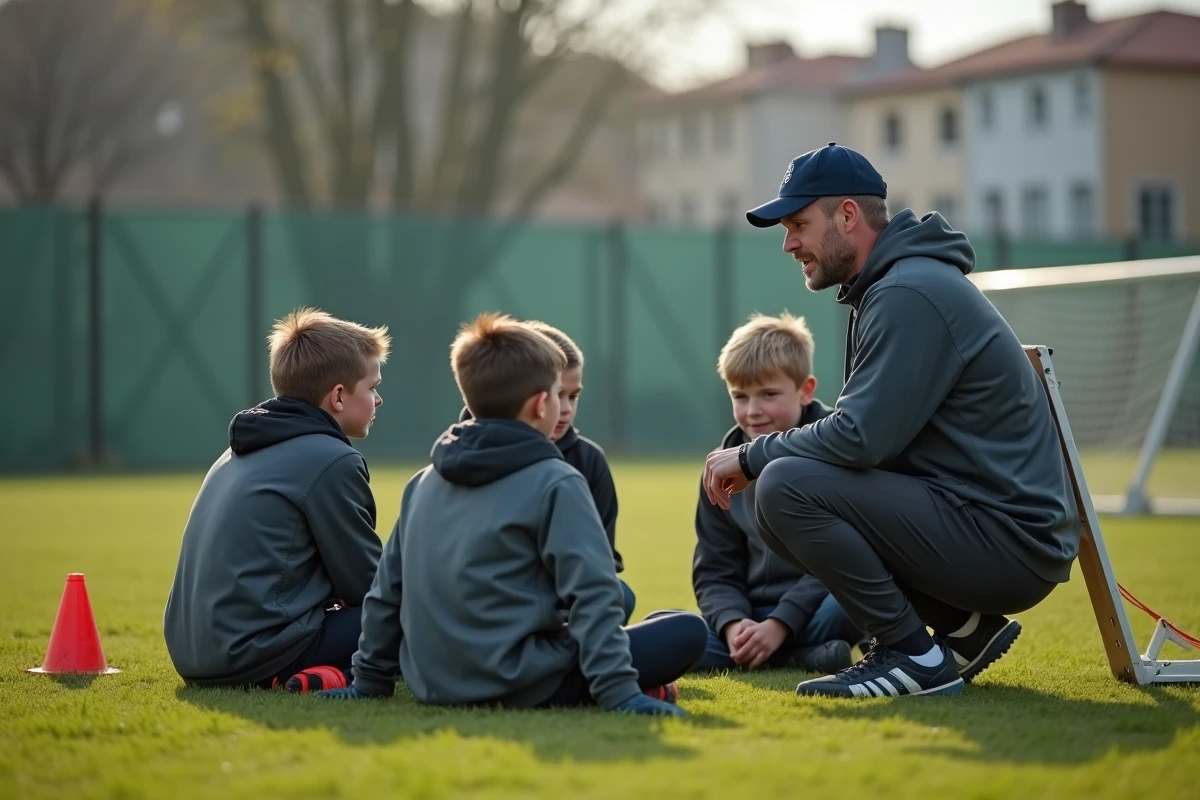 Entraîneur du club Aubagne Air Bel donnant des consignes tactiques à ses jeunes joueurs pendant une session de formation sur le terrain