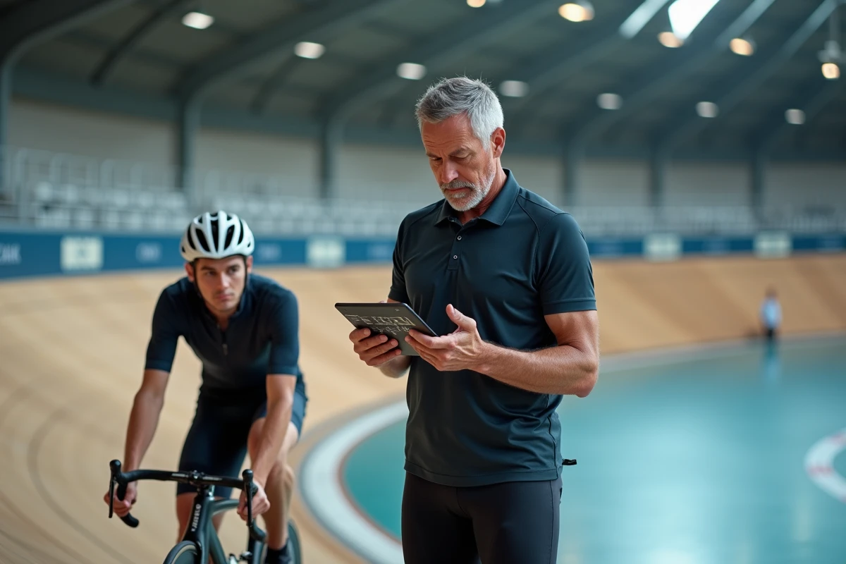 Entraîneur de cyclisme analysant des données de performance sur tablette avec un athlète dans un vélodrome moderne, reflet des méthodes d'entraînement héritées de l'ère Armstrong