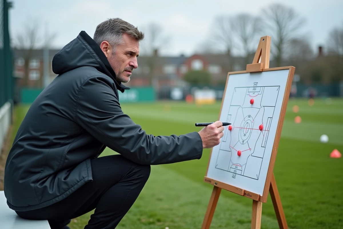 Entraîneur de football dessinant des schémas tactiques sur un tableau blanc lors d'une session d'entraînement, illustrant la vision de jeu