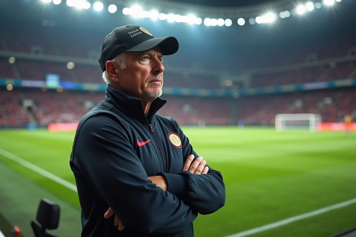 Entraîneur de l'Inter Milan en bord de terrain lors d'un match, regard concentré sur le jeu, ambiance stade San Siro 2026