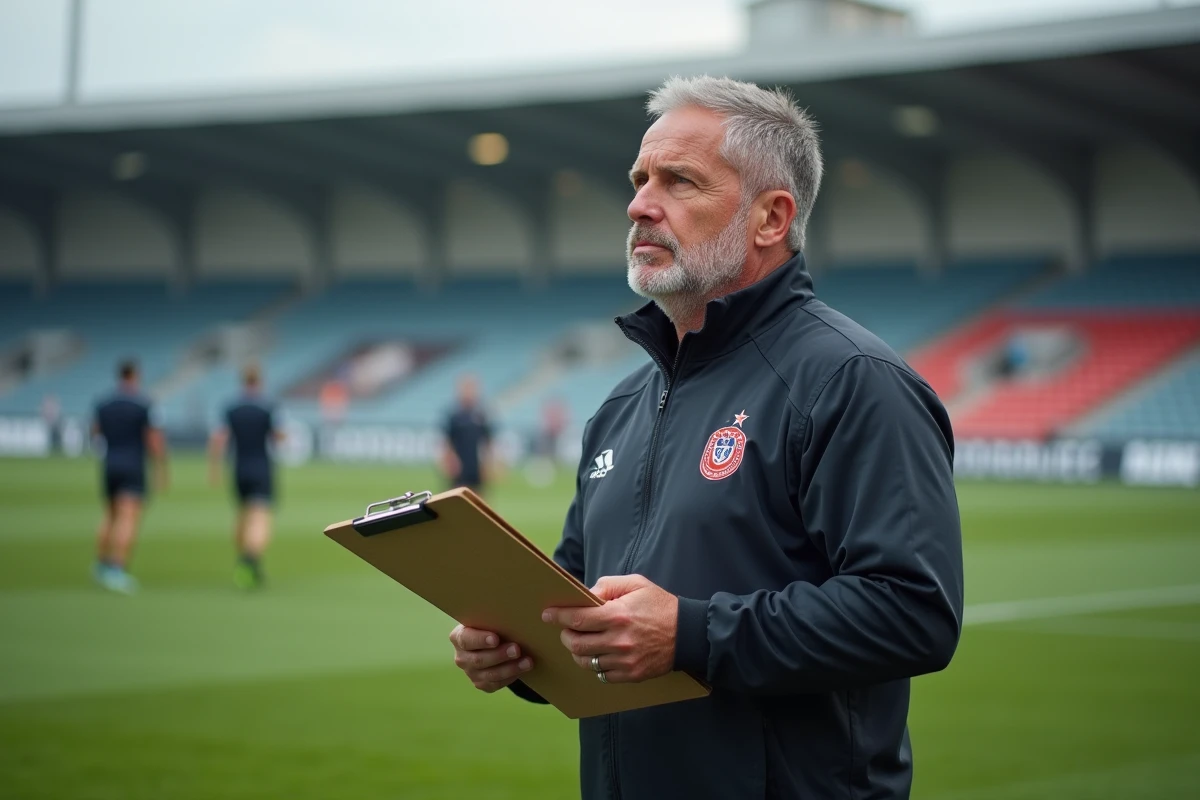 Entraîneur de rugby Fédérale 1 en bord de terrain avec clipboard tactique lors d'un match de championnat