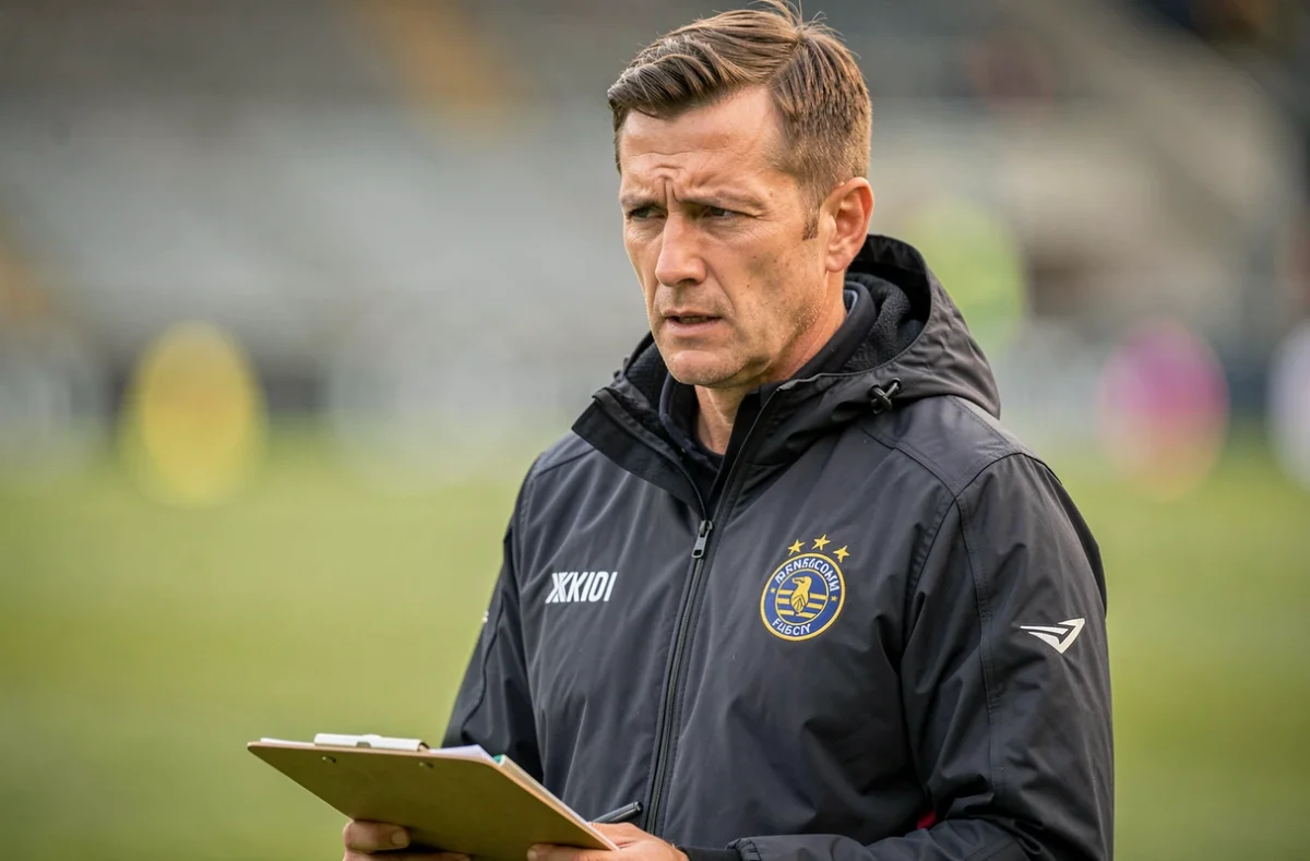 Entraîneur tactique de l'équipe de Strasbourg analysant le jeu depuis le bord du terrain lors d'un match décisif