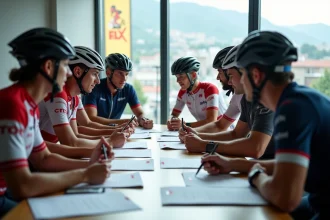 Cyclistes professionnels en réunion de presse avec contrats