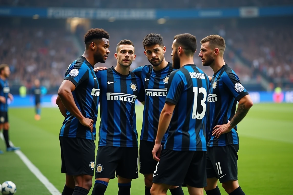 Groupe de joueurs de l'Inter Milan en réunion tactique en bord de terrain, ambiance de match au stade San Siro en 2026