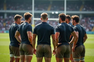 Groupe de joueurs de rugby en huddle sur le terrain