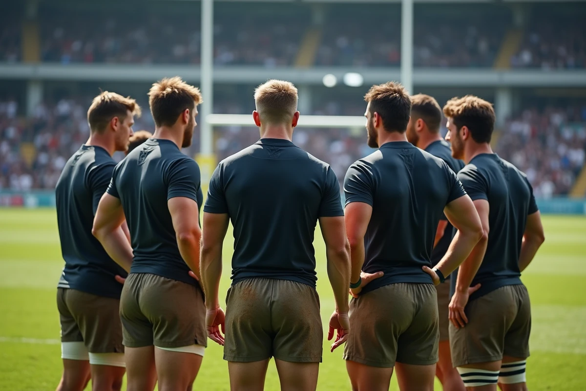 Groupe de joueurs de rugby en huddle sur le terrain