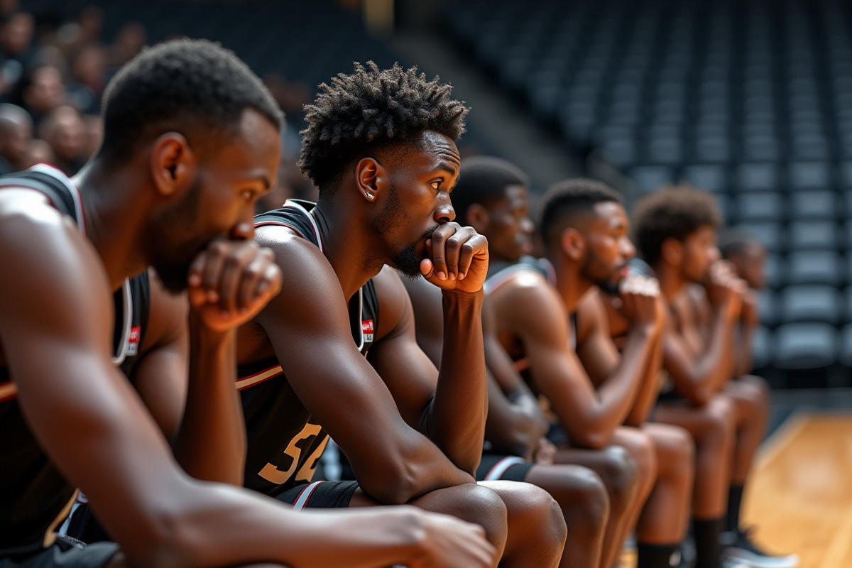 Joueurs de basketball se reposant sur le banc pendant une pause