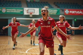 Jeunes étudiants en handball célébrant un but en intérieur