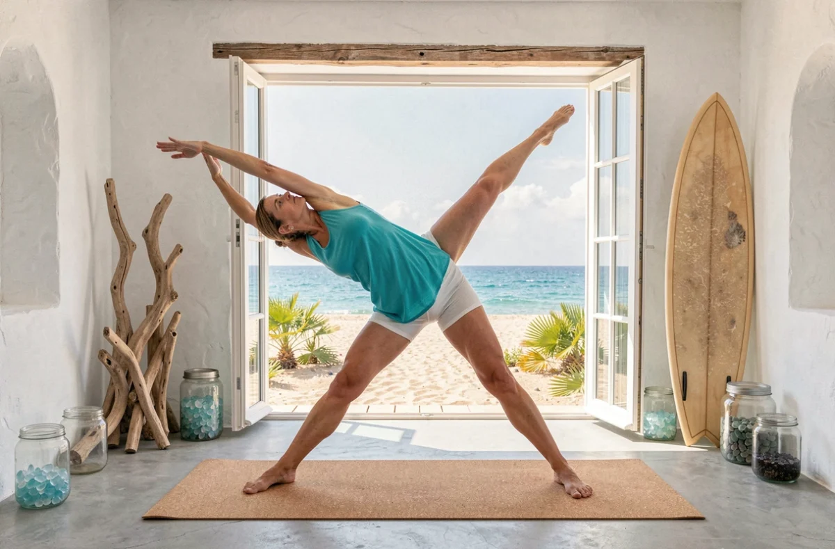 Femme en posture de la demi-lune dans un studio de yoga côtier à Valras avec portes vitrées ouvertes sur la Méditerranée, décoration en bois flotté et tapis en liège