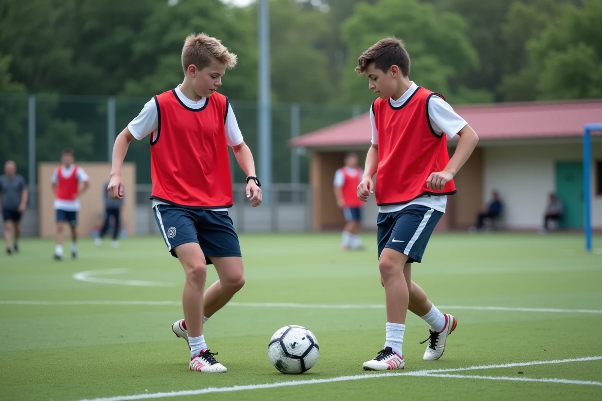 Deux jeunes joueurs du Sporting Club Aubagne Air Bel réalisant un exercice de passe en binôme sur le terrain synthétique du club