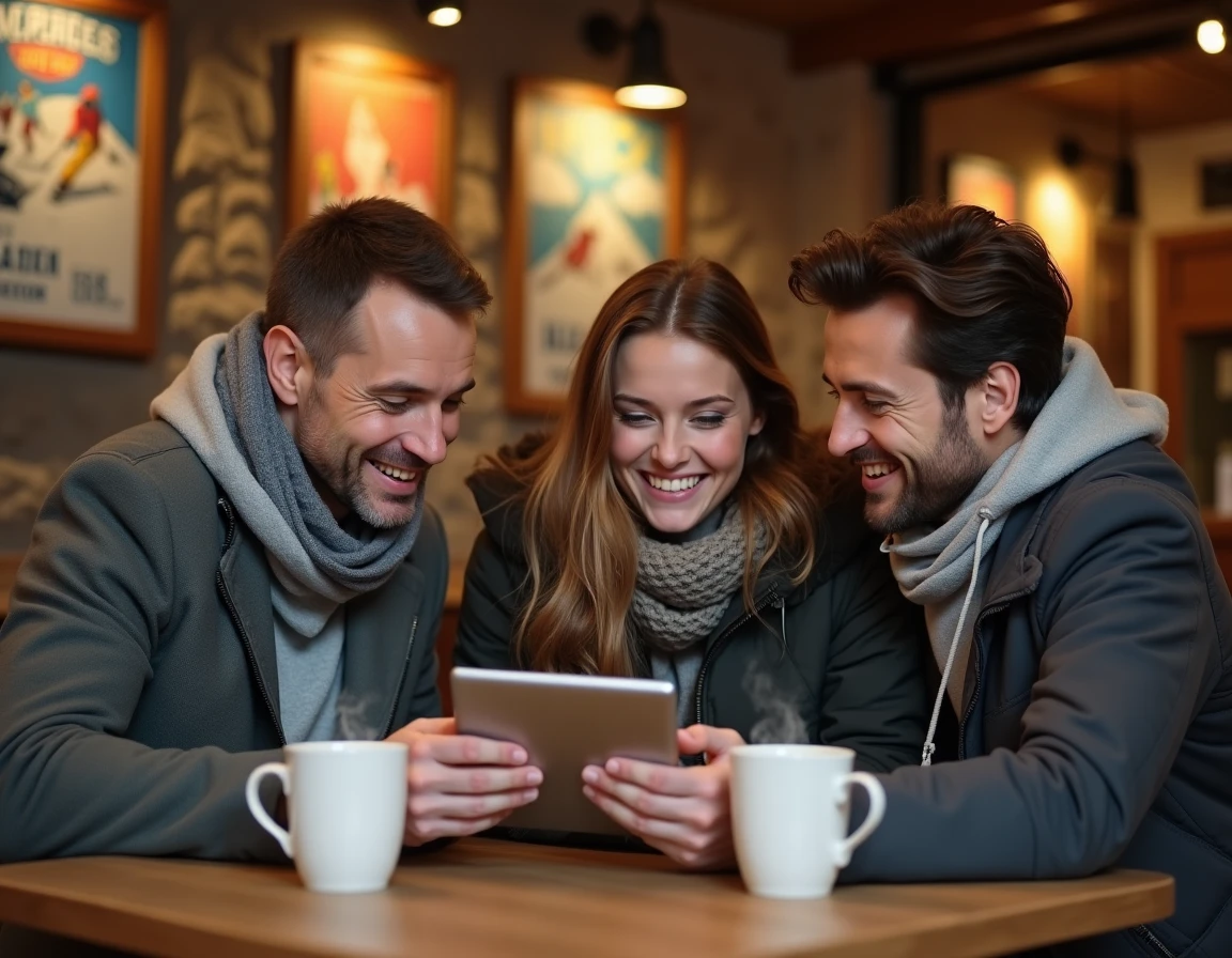 Famille comparant les prix des forfaits de ski Alpe d'Huez sur tablette dans un café de montagne pendant une période hors vacances scolaires