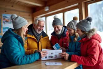 Famille nombreuse intergénérationnelle comparant des forfaits de ski aux Deux Alpes au guichet d'une station de montagne