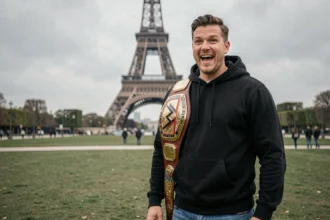 Fan de WWE tenant une ceinture de champion devant la Tour Eiffel à Paris