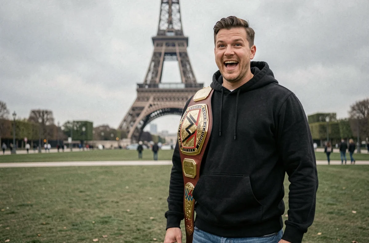 Fan de WWE tenant une ceinture de champion devant la Tour Eiffel à Paris