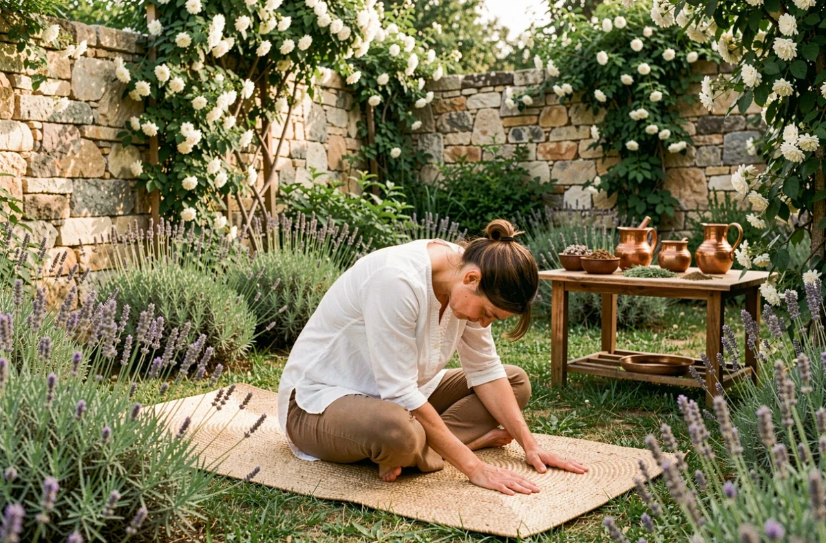 Instructrice de yoga en posture d'étirement dans un jardin méditerranéen entouré de lavande, avec tapis en jute et table de préparations ayurvédiques