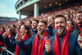 Supporters de rugby enthousiastes avec billets 6 Nations 2025 devant un stade