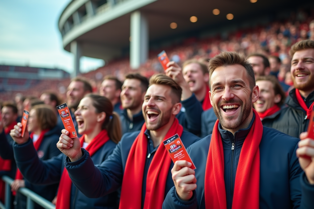 Supporters de rugby enthousiastes avec billets 6 Nations 2025 devant un stade