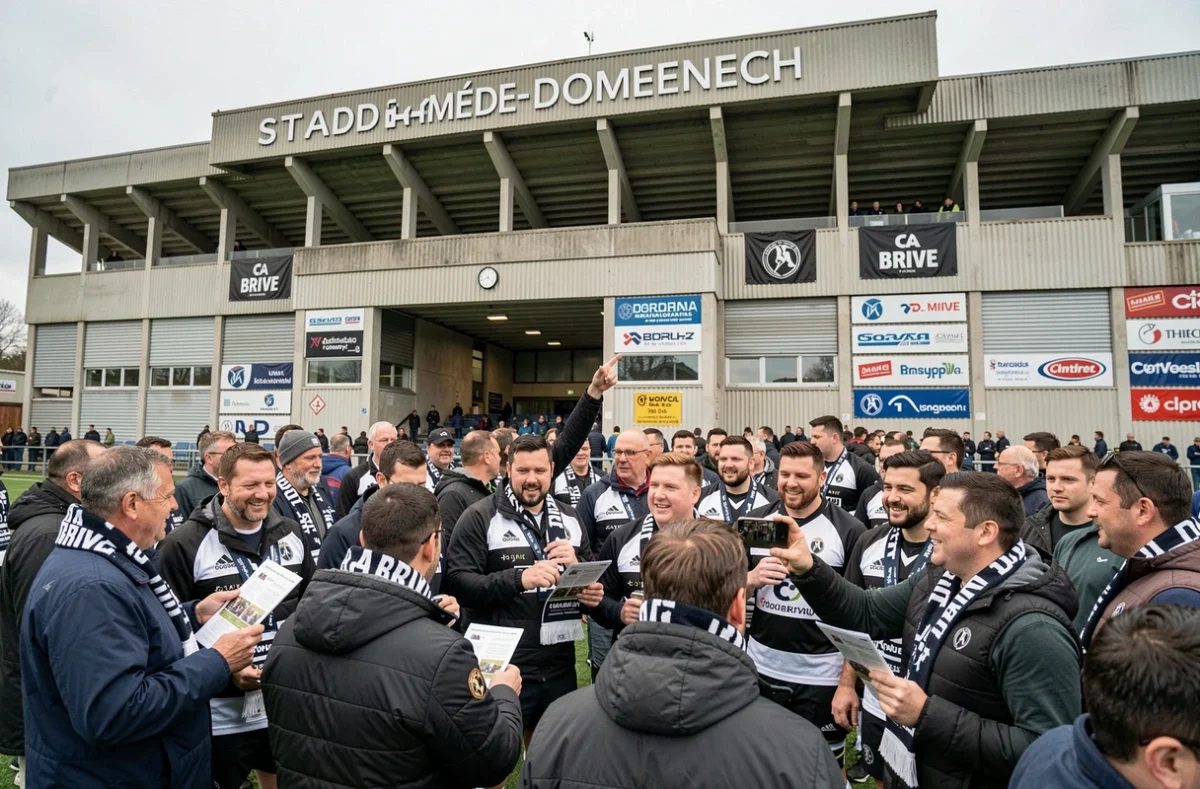Fans du CA Brive rassemblés devant le stade Amédée-Domenech échangeant des informations sur le forum officiel des Coujoux