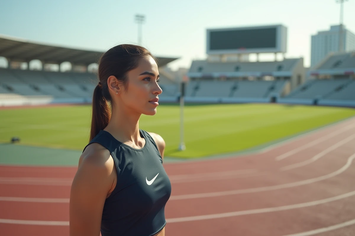 Femme sportive sur la piste de stade en extérieur