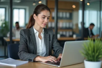 Jeune femme au bureau utilisant un ordinateur portable
