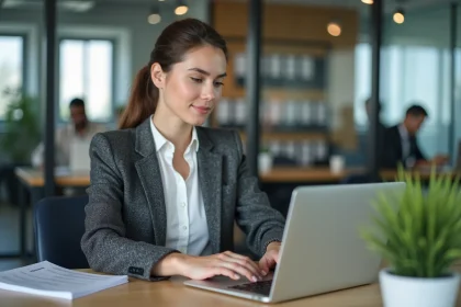 Jeune femme au bureau utilisant un ordinateur portable