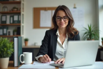 Femme en bureau moderne travaillant sur son ordinateur