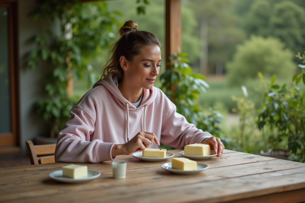 Femme en extérieur comparant deux types de beurre sur une table en bois