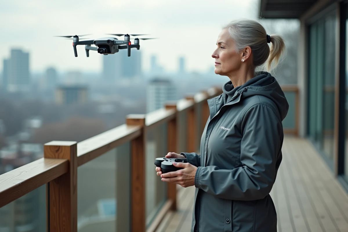 Femme contrôlant un drone en extérieur avec ville en arrière-plan