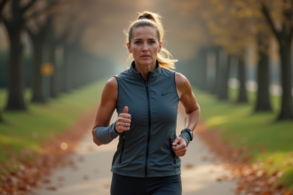 Femme sportive en course matinale dans un parc