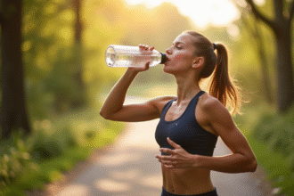 Jeune femme sportive buvant de l'eau lors d'une course matinale en plein air