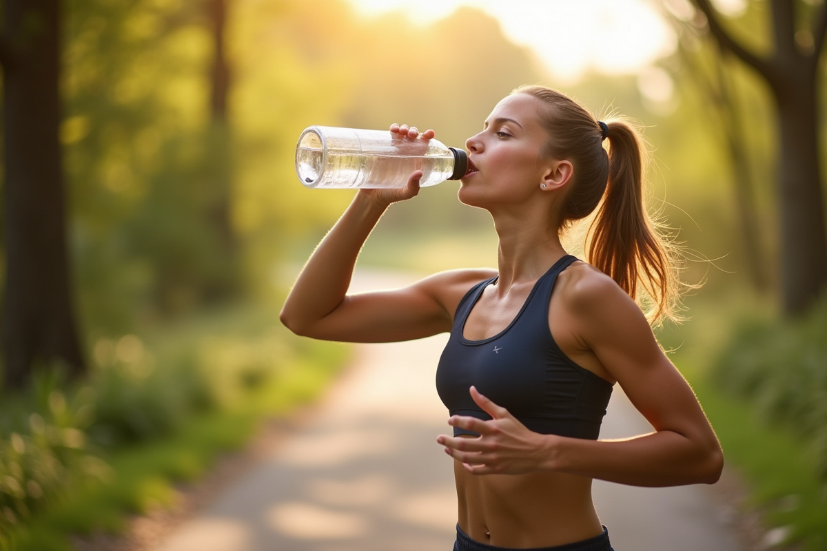 Jeune femme sportive buvant de l'eau lors d'une course matinale en plein air