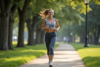Jeune femme courant dans un parc urbain en pleine nature