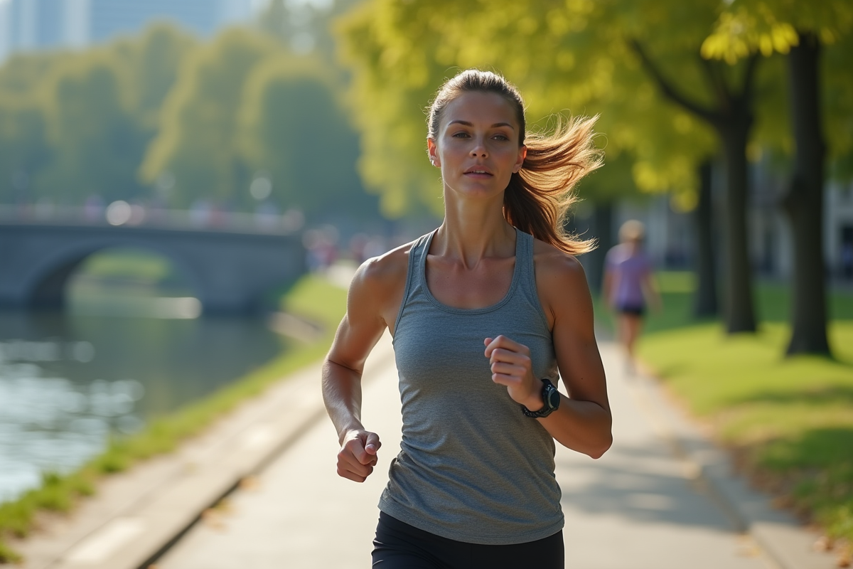 Femme en course au bord de la rivière dans un parc urbain
