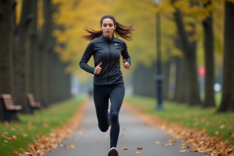 Jeune femme en course dans un parc urbain automnal